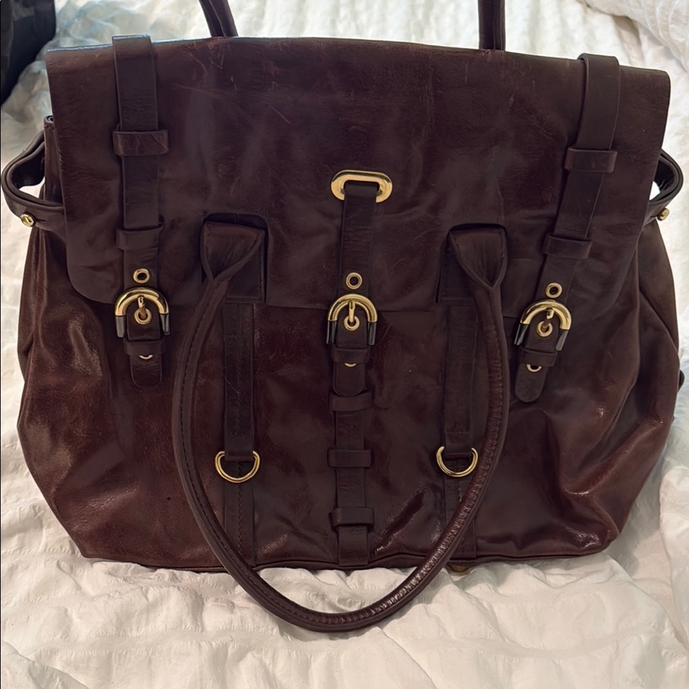 Badgley Mischka Brown Leather Tote Bag with Gold Accents
